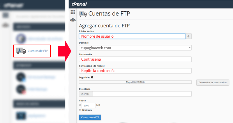 Crea un usuario FTP antes de descargar e instalar WinSCP
