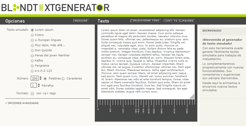 Uno de los más famosos generadores de texto falso para webs es Blind text generator