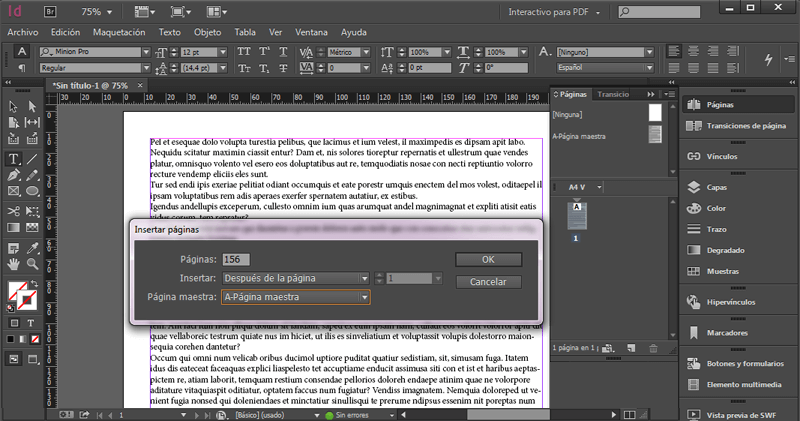 Puedes crear un libro en InDesign completamente lleno de texto falso a partir de una página maestra