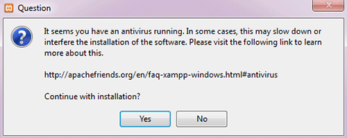 Al iniciar la instalación, Xampp lanza un aviso si tienes antivirus