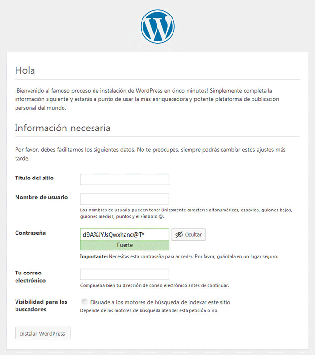 Panel desde donde se configura la instalación WordPress