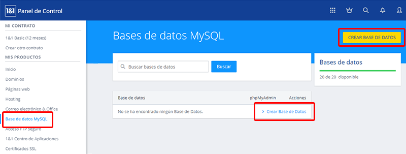 Busca la opción de bases de datos MySQL en el panel de 1&1