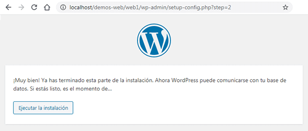 En cuanto pulses el botón Ejecutar la Instalación, comenzará la instalación local de WordPress