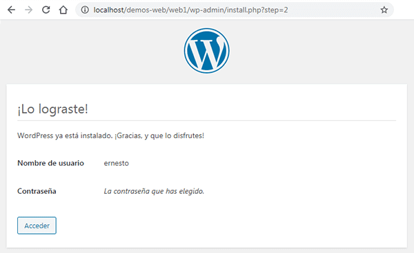 Por fin lograste instalar WordPress en local. Enhorabuena!!!