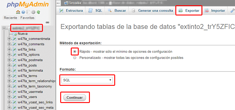 Exportar base de datos con las opciones rápido y SQL marcadas