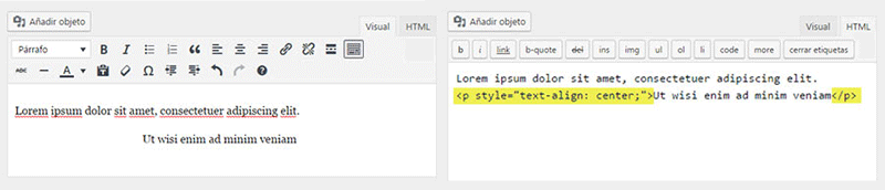 Etiqueta HTML de párrafo automáticamente en WordPress al aplicar estilo
